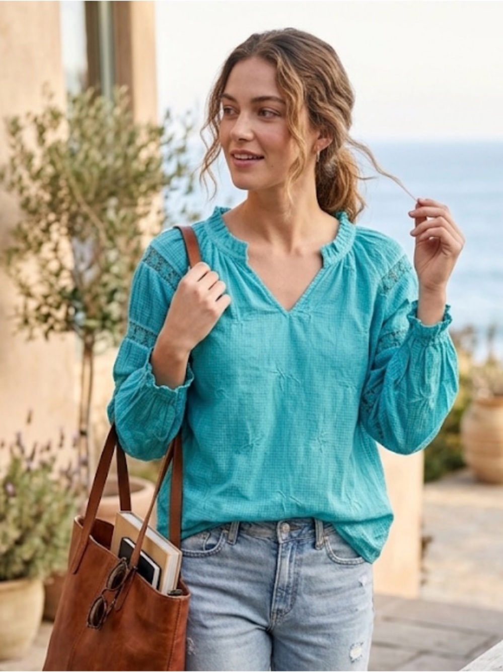Tru Luxe Jeans Teal Peasant Blouse - Casual V-Neck